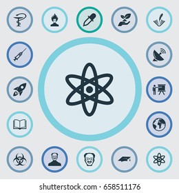 Vector Illustration Set Of Simple Science Icons. Elements Atom, Geography, Poetry And Other Synonyms History, Training And Professor.