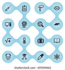Vector Illustration Set Of Simple Science Icons. Elements Briefcase, Graduation Hat, Thermometer And Other Synonyms Atom, Laboratory And Root.