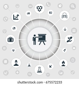 Vector Illustration Set Of Simple Science Icons. Elements Conference, Teacher, Molecule And Other Synonyms Teacher, Case And Toxic.