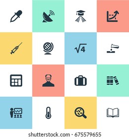 Vector Illustration Set Of Simple Science Icons. Elements Globe, Increase Graph, Thermometer And Other Synonyms Library, Calculator And Earth.