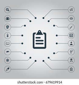 Vector Illustration Set Of Simple Science Icons. Elements Knowledge, Checklist, Atom And Other Synonyms Case, Atom And Earth.