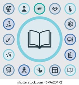 Vector Illustration Set Of Simple Science Icons. Elements Computer, Scholar, Graduation Hat And Other Synonyms Atom, Professor And Cap.