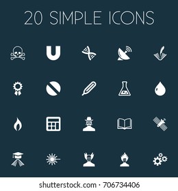 Vector Illustration Set Of Simple Science Icons. Elements Professor, Temperature Measurement, Dish Antenna And Other Synonyms Engendering, Counting And Measurement.