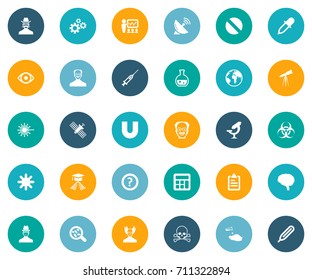 Vector Illustration Set Of Simple Science Icons. Elements Medicament, Temperature Measurement, Snow And Other Synonyms Investigator, Pharmacology And Biology.