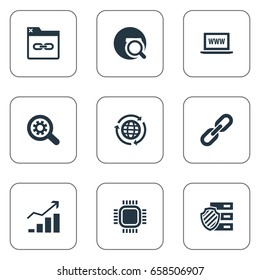 Vector Illustration Set Of Simple Search Icons. Elements Browser, Motherboard, Chain And Other Synonyms Protected, World And Chain.