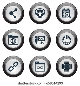 Vector Illustration Set Of Simple Search Icons. Elements Chain, Share, Power Button And Other Synonyms Power, Chain And Presentation.