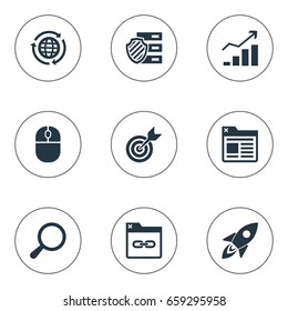 Vector Illustration Set Of Simple Search Icons. Elements Clipboard, Missile, Growth And Other Synonyms Magnifier, Planet And Clipboard.