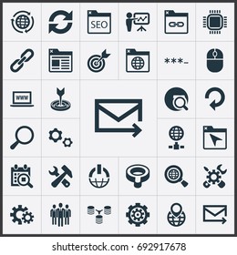 Vector Illustration Set Of Simple Search Icons. Elements Linkage, Password, Motherboard And Other Synonyms Zoom, Screwdriver And Construction.