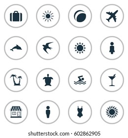 Vector Illustration Set Of Simple Seaside Icons. Elements Palm, Sunlight, Cocktail And Other Synonyms Swallow, Bikini And Beachwear.