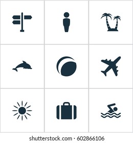 Vector Illustration Set Of Simple Seaside Icons. Elements Palm, Airplane, Crossroad And Other Synonyms Crossroad, Heat And Gentleman.