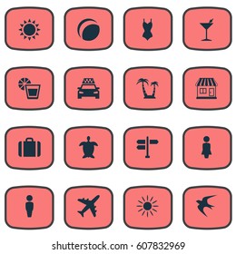 Vector Illustration Set Of Simple Seaside Icons. Elements Suitcase, Beverage, Palm And Other Synonyms Turtle, Heat And Car.