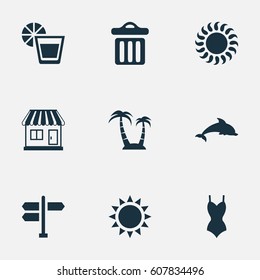 Vector Illustration Set Of Simple Seaside Icons. Elements Sun, Sunlight, Garbage And Other Synonyms Junction, Beverage And Garbage.