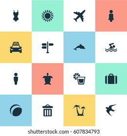 Vector Illustration Set Of Simple Seaside Icons. Elements Palm, Taxi, Suitcase And Other Synonyms Lady, Baggage And Lemonade.