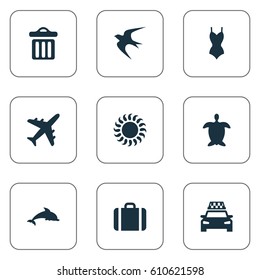 Vector Illustration Set Of Simple Seaside Icons. Elements Tortoise, Sunlight, Mammal Fish And Other Synonyms Beachwear, Seagull And Trip.
