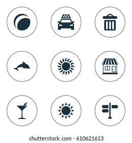 Vector Illustration Set Of Simple Seaside Icons. Elements Store, Taxi, Garbage And Other Synonyms Taxi, Store And Sunshine.