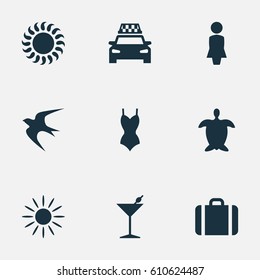 Vector Illustration Set Of Simple Seaside Icons. Elements Taxi, Bikini, Woman And Other Synonyms Hot, Missus And Beachwear.