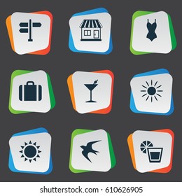 Vector Illustration Set Of Simple Seaside Icons. Elements Sun, Cocktail, Suitcase And Other Synonyms Seagull, Freedom And Luggage.