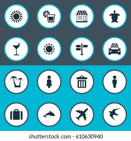 Vector Illustration Set Of Simple Seaside Icons. Elements Tortoise, Airplane, Sunlight And Other Synonyms Trip, Island And Trash.