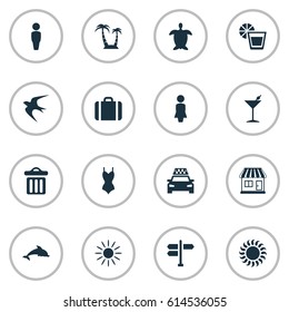 Vector Illustration Set Of Simple Seaside Icons. Elements Swallow, Tortoise, Beverage And Other Synonyms Party, Beachwear And Baggage.