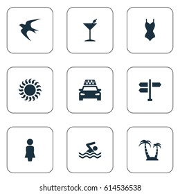 Vector Illustration Set Of Simple Seaside Icons. Elements Sunlight, Palm, Cocktail And Other Synonyms Man, Sea And Bar.