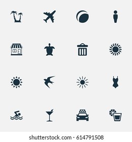 Vector Illustration Set Of Simple Seaside Icons. Elements Sun, Palm, Airplane And Other Synonyms Cocktail, Pool And Sun.