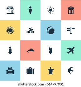 Vector Illustration Set Of Simple Seaside Icons. Elements Swallow, Woman, Crossroad And Other Synonyms Turtle, Heat And Junction.
