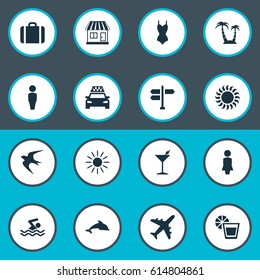 Vector Illustration Set Of Simple Seaside Icons. Elements Beverage, Male, Bikini And Other Synonyms Suitcase, Lady And Freedom.