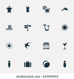 Vector Illustration Set Of Simple Seaside Icons. Elements Male, Bikini, Beverage And Other Synonyms Crossroad, Woman And Turtle.