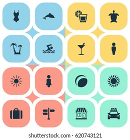 Vector Illustration Set Of Simple Seaside Icons. Elements Cocktail, Crossroad, Tortoise And Other Synonyms Madame, Aquatic And House.