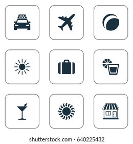 Vector Illustration Set Of Simple Seaside Icons. Elements Beach Games, Suitcase, Taxi And Other Synonyms Store, Cocktail And Beverage.