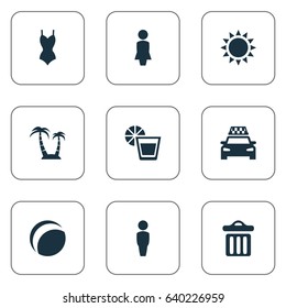 Vector Illustration Set Of Simple Seaside Icons. Elements Sun, Woman, Taxi And Other Synonyms Lemonade, Dustbin And Games.