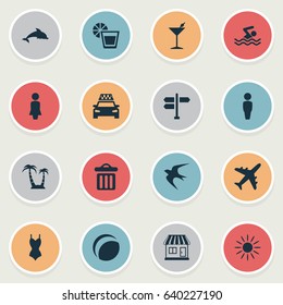 Vector Illustration Set Of Simple Seaside Icons. Elements Swimming Man, Male, Beverage And Other Synonyms Travel, Sunshine And Drink.