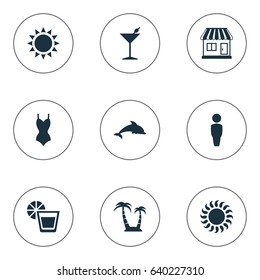 Vector Illustration Set Of Simple Seaside Icons. Elements Sunlight, Palm, Mammal Fish And Other Synonyms Male, Palm And Lemonade.