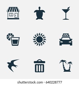 Vector Illustration Set Of Simple Seaside Icons. Elements Swallow, Taxi, Store And Other Synonyms Taxi, Trash And Beach.
