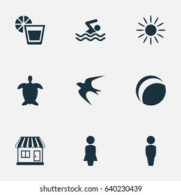 Vector Illustration Set Of Simple Seaside Icons. Elements Male, Hot, Beach Games And Other Synonyms Missus, House And Madame.