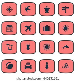 Vector Illustration Set Of Simple Seaside Icons. Elements Sun, Tortoise, Swallow And Other Synonyms Games, Adventure And Island.