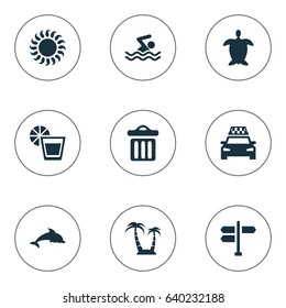 Vector Illustration Set Of Simple Seaside Icons. Elements Swimming Man, Crossroad, Palm And Other Synonyms Man, Palm And Sea.