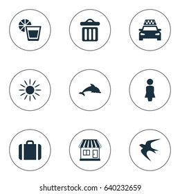 Vector Illustration Set Of Simple Seaside Icons. Elements Garbage, Taxi, Swallow And Other Synonyms Dolphin, Luggage And Sunshine.