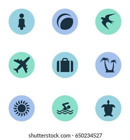 Vector Illustration Set Of Simple Seaside Icons. Elements Beach Games, Swimming Man, Airplane And Other Synonyms Beach, Luggage And Turtle.