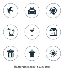 Vector Illustration Set Of Simple Seaside Icons. Elements Palm, Swallow, Cocktail And Other Synonyms Store, Garbage And Tortoise.
