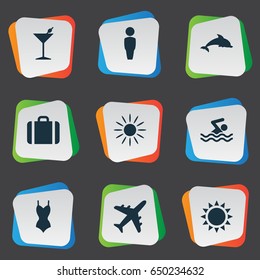 Vector Illustration Set Of Simple Seaside Icons. Elements Hot, Swimming Man, Suitcase And Other Synonyms Pool, Summer And Mammalian.