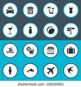 Vector Illustration Set Of Simple Seaside Icons. Elements Swallow, Suitcase, Male And Other Synonyms Beach, Trip And Travel.