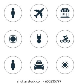 Vector Illustration Set Of Simple Seaside Icons. Elements Store, Woman, Swimming Man And Other Synonyms Male, Gentleman And Store.