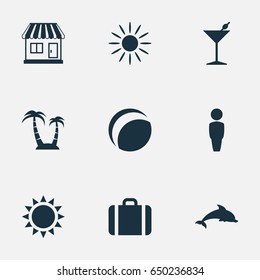 Vector Illustration Set Of Simple Seaside Icons. Elements Male, Store, Beach Games And Other Synonyms Luggage, Bar And Cocktail.