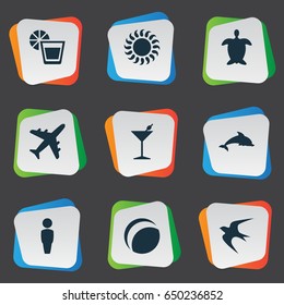 Vector Illustration Set Of Simple Seaside Icons. Elements Male, Mammal Fish, Sunlight And Other Synonyms Trip, Man And Sunlight.
