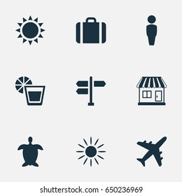 Vector Illustration Set Of Simple Seaside Icons. Elements Sun, Beverage, Airplane And Other Synonyms Store, Gentleman And Man.