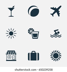 Vector Illustration Set Of Simple Seaside Icons. Elements Sunlight, Hot, Swimming Man And Other Synonyms Heat, Sunshine And Trip.