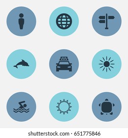 Vector Illustration Set Of Simple Seaside Icons. Elements World, Mammal Fish, Turtle And Other Synonyms Day, Pool And Taxi.