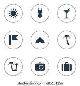Vector Illustration Set Of Simple Seaside Icons. Elements Sun, Palm, Suitcase And Other Synonyms Island, Banner And Shelter.
