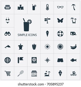 Vector Illustration Set Of Simple Seaside Icons. Elements Sunlight, Swimsuit, Flower And Other Synonyms Lotus, Globe And Star.